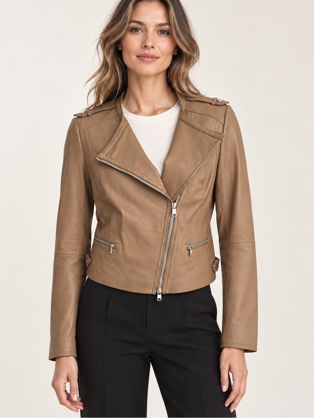 Joie Odina Camel Lambskin Leather Asymmetric Moto Jacket Size M